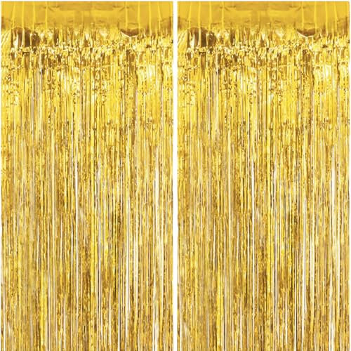 Decorazioni Capodanno 2026, 2 Tende Metalliche Oro, Orpelli e Festoni Lamina Frangia per Sfondo Fotografico di Festa Compleanno