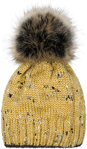 styleBREAKER Damen Strick Bommelmütze bunt Gemustert mit Glitzerfaden und Fleece Futter, Winter Fellbommel Mütze 04024178, Farbe:Gelb
