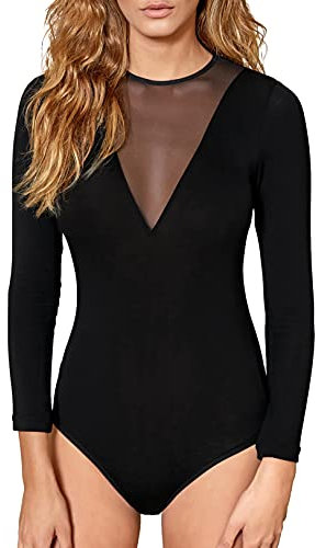 VEDATS Damen Body Langarm Rundhals Bodysuit mit transparentem Netzeinsatz (XL)