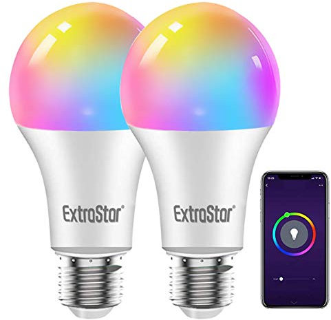 EXTRASTAR Smart Glühbirne E27, Alexa LED WiFi Lampe 2700K-6500K, 10W 1000LM Mehrfarbige WLAN Dimmbar Glühbirne, RGB Birne Kompatibel mit Alexa Echo,Google Home, 2 Stück