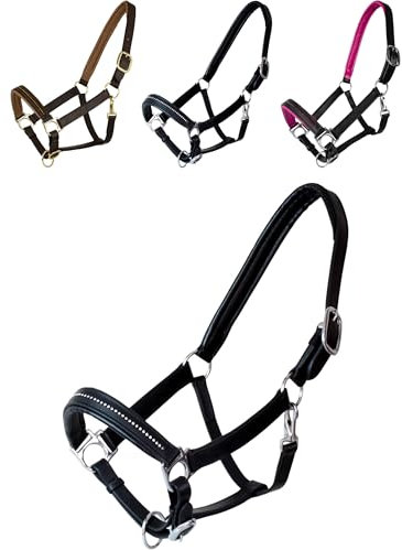 Marengos - Halfter Diamond aus Leder | Halfter für Pferde | Pferdehalfter mit farbig unterlegtem Nasenriemen & Genickstück | edles Lederhalfter | Pferde Zubehör in Schwarz | Vollblut