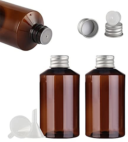 TIANZD 3 Pièces 150ml Vides Marron Bouteilles en Plastique D'huile Essentielle avec Bouchon Scellé à Vis en Aluminium Argent, Réducteur d'orifice apour Huiles Essentielles Aromathérapie Cosmétique