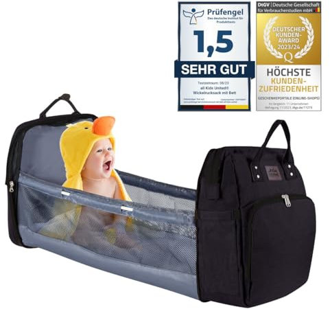all Kids United® Baby Wickelrucksack Deluxe mit Kinderbett - Babytasche Wickeltasche Set: Baby-Rucksack, Wickelauflage, integriertem Babybett, Kinderwagen-Haken (Schwarz)