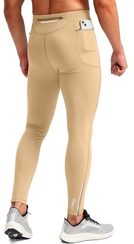 Pudolla Men's Thermal Running Tights with 3 Zipper Pockets Workout Compression Leggings Cycling Pants for Men Hiking Jogging(Dark Khaki Large)