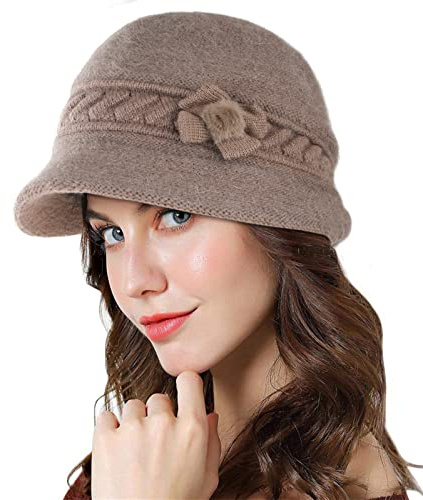 Adigaber Brim Cap Angorammössa dam fodrad med fleece, termisk vintermössa, stickad basker, virkat mode, stickad mössa med skärm, kaki, one size