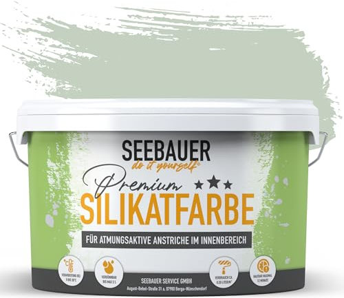 SEEBAUER diy Silikatfarbe Hellgrün 5L für Innen (No. 769 Ocean Grass) Atmungsaktive Mineralfarbe für Allergiker - Abwaschbare Wandfarbe - Grüntöne hohe Deckkraft