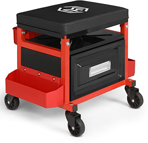 M-AUTO Mechanic Stool Garage Rolling Tool Chest Seat w/Drawer & Tray, 350LBS Capacity Multi-Function Adjustable Height Mechanic Creeper Seat for Projects Inside The Garage and Workshop, Red