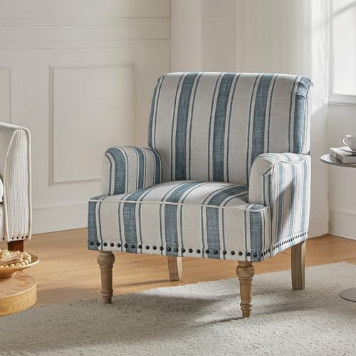 HULALA HOME Modern Armchair with Wooden Legs & Nailhead Trim, Comfy Upholstered Accent Chair for Living Room Bedroom Office(Stripe Pattern, Navy)
