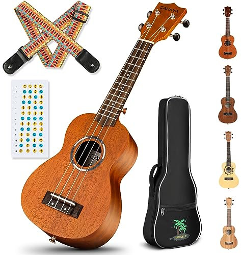 CAHAYA 23 Zoll Sopran Ukulele Set: 4 Saitiges Mahagoni Ukulelen mit Ukulelentasche, Gurt und Aufklebern - Geeignet für Anfänger, Kinder, Erwachsene, CY0336