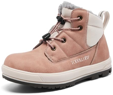 TODDLLUBY Girls Snow Boots Faux Fur Lined Drawstring Winter Ankle Work Boots Outdoor Waterproof Slip Resistant Comfortable Cold Weather Boots Pink Big Kid 1
