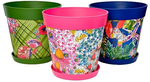 Hum Flowerpots set of 3 plastic, indoor/outdoor plant pots 25cm diameter and 3 saucers 19cm diameter (Multi Floral)