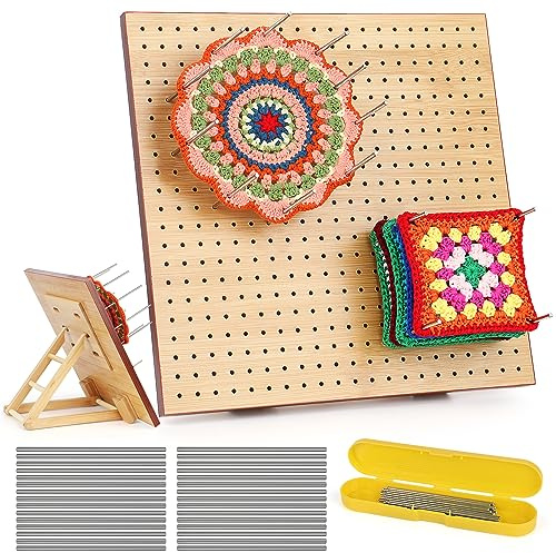 Aeelike Granny Square Crochet Blocking Board Groß, 29cm Wooden Häkeln Spanner mit Faltbarer Stand, Langlebig Blockierbrett Sperrbrett Für Granny Square Holz mit 30 Stahlnadeln, 1 Gelb Aufbewahrungsbox