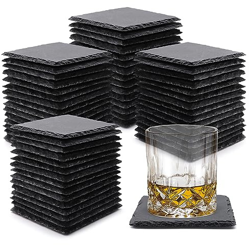 60 Pack Slate Drink Coasters, VIBRATITE 4 Inch Black Slate Stone Coasters Bulk Cup Coaster Laser Engraving Blanks with Anti-Scratch Bottom for Drink Coffee Bar Kitchen Home Decor, Square