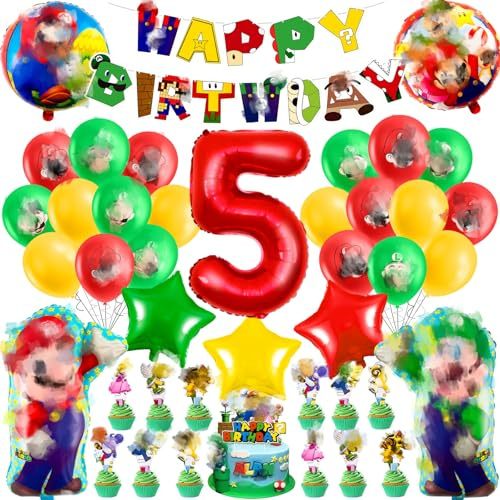 5th Birthday Super Foil and Latex Balloons for Boys Girls - Mario Theme Party Supplies With Banner and Cake Toppers