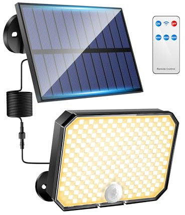One Fire Lampe Solaire Exterieur Detecteur de Mouvement【Lumière Chaude】, 190LED 1500LM Lumiere Solaire Exterieur, 3 Modes & Télécommande Spot Solaire Exterieur,IP65 Lampe Solaire Exterieur Jardin