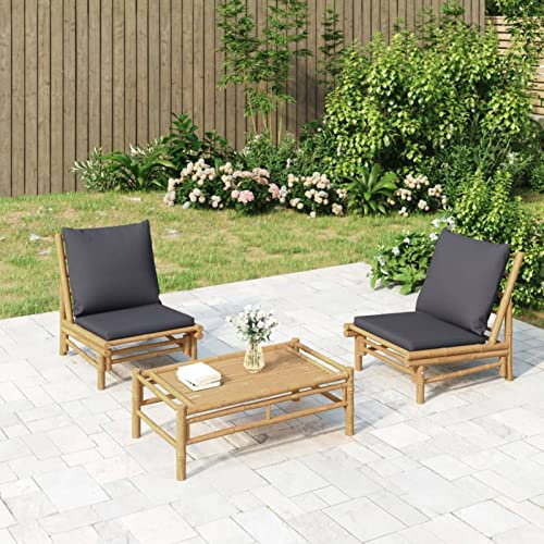 Rantry 3-TLG. Gartenlounge Set Gartensofa Loungemöbel Gartenmöbel Set Sitzgruppe Gartenlounge Gartengarnitur Möbel Balkonmöbel Sitzgarnitur mit Dunkelgrauen Kissen Bambus #2