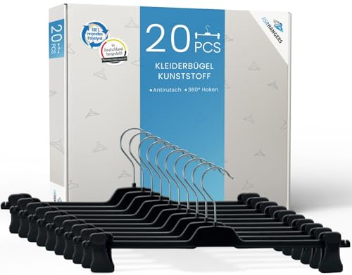 RSR Hangers Hosenbügel 20 Stück PUC Hosenspanner Kleiderbügel Kunststoff 24 cm | rutschfeste gummierte und verstellbare Klammern | 360° drehbarer Haken | platzsparend | Made in Germany
