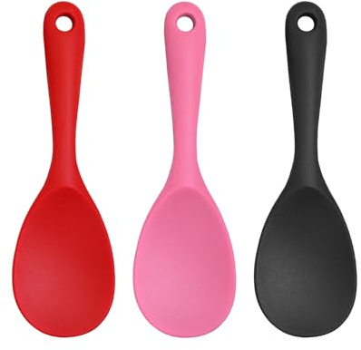 3 PCS Large Round Head Silicone Serving Spoons - Long Handle, Black & Pink