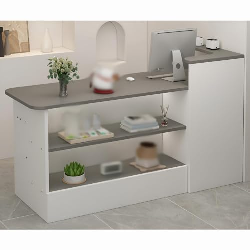 Empfangstresen, Rezeptionstheken, Moderne, minimalistische Empfangstheke an der Vorderseite, Empfangstheke mit offenen Regalen, optionale erhöhte Regale links u(Size:140x100x45cm,Color:Grau/rechts)