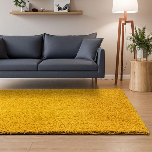 Interiyou Hochflor Teppich Sofia - 120x170 cm Gelb - flauschig und einfarbig - waschbar und rutschfest - weicher Langflor