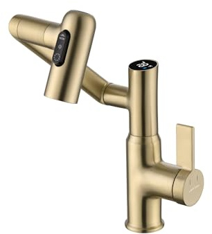 Lefton Rotatable Bathroom Faucet with Temperature Display in Fahrenheit (Batteries-Free), 3 Water Modes, Brushed Gold, BF2204-6