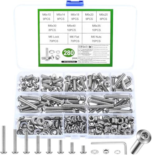 280 Pcs M6 Screws Set, M6 and Nuts, Assorted Nuts and Bolts Set, Hex Socket Head Cap Screws Bolts and Nuts Set with Washers, Pan Head Round Machine Assortment Kit