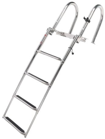 Lybunair 4 Step Folding Telescoping Boat Pontoon Ladder, 316 Stainless Steel Anti Slip Deck Ladder with Pedal Hand Railing for Swimming Pool Marine