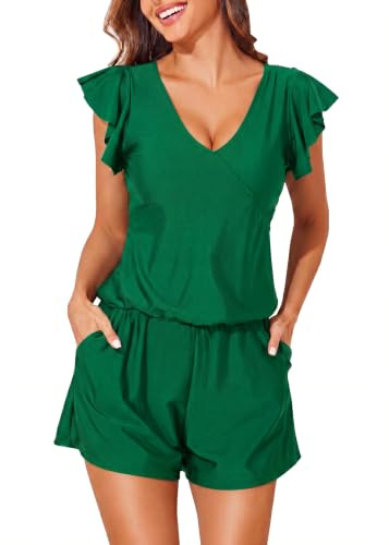 Smismivo Women Swim Romper with Built in Bra and Pockets Ladies Swimming Costume Tummy Control Swimwear Modest One Piece Swimsuit with Shorts Ruffle Sleeve Swim Dress (Green)