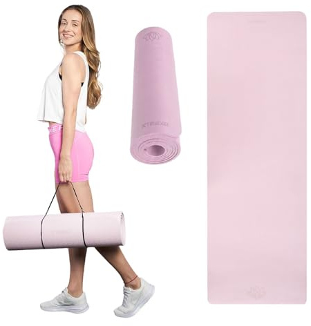 TREXO Tappetino fitness rosa chiaro, 183 x 61 cm e 10 mm di spessore, in TPE ecologico con superficie antiscivolo, tappetino da ginnastica leggero per allenamento di forza, yoga, pilates e stretching