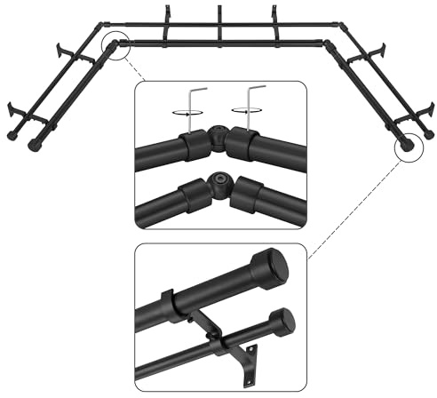 Mayrhyme Black Double Corner Window Curtain Rods with Aluminum End Cap Finials and Brackets,1 Inch Diameter Dual Bay Window Curtain Rods, Adjustable 2 Sided 32-58 and 32-86 Center Double Rod