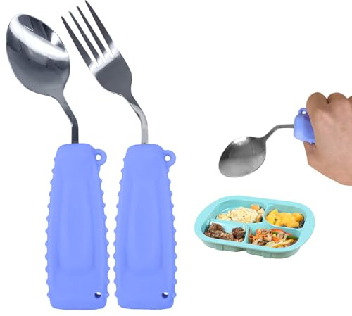 Ustensiles Adaptés pour Personnes Âgées & Handicapées - Cuillère et Fourchette Ergonomiques en Inox - Manche Courbé - Silicone Coloré - Lavable Lave-Vaisselle(Main droite)