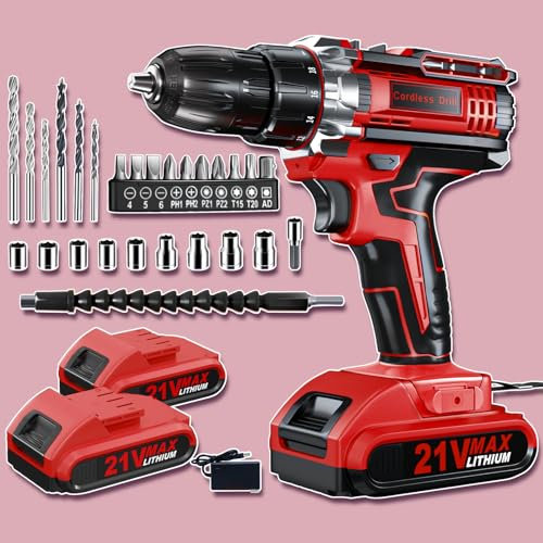 Cordless Drill Set, PowerDrill Driver and Screwdriver Set with 2 Batteries, 10mm Keyless Chuck, 42Nm Max, 25+1 ElectricDrill, 2 Speed Power Combi BatteryDrill Set with 27 Accessories for Home DIY