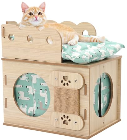 Nido de Madera para Gatos, Cama con 2 colchonetas Suaves, apilable, fácil de Limpiar y Montar, casa de Dos Capas para Gatos, combinación de Escalada para Mascotas.