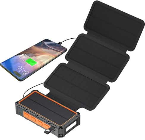 Power Bank Solare - Power Bank con Manovella Integrata e Luce LED | Powerbank Pieghevole con Allarme SOS Integrato e Bussola per Uomo Donna Ragazzi