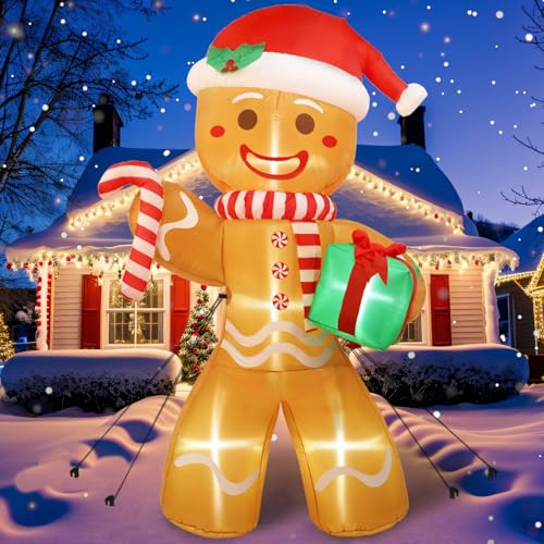 GUDELAK 244 cm Aufblasbare Weihnachtsdeko Außen, Lebkuchenmann Deko Weihnachten mit Zuckerstange und Geschenkbox, Weihnachtsdeko Aussen Aufblasbar mit LED Lichtern für Hof Garten Rasen Party Deko