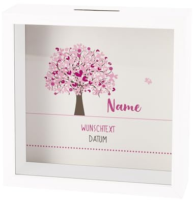 Striefchen® Personalisiertes Sparrahmen-Geschenk zur Taufe, Kommunion oder Konfirmation – Spardose mit Name, Wunschtext & Datum im Bilderrahmen-Stil (Lebensbaum pink)