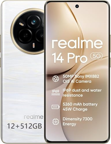 realme 14 Pro 5G Smartphone 12+512GB, con fotocamera OIS da 50MP, Dimensity 7300 5G, display OLED da 6,77'' 120Hz, batteria da 5000mAh, ricarica rapida da 45W, NFC - Bianco
