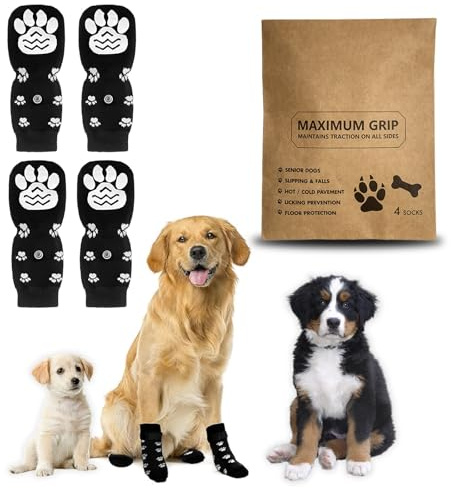 Rynvarl 4er Set Hundesocken mit Rutschfester Sohle und verstellbarem Riemen – Pfotenschutz aus Baumwolle, für kleine und gro?e Hunde, ideal bei Verletzungen und kaltem Boden, (Schwarz, S)