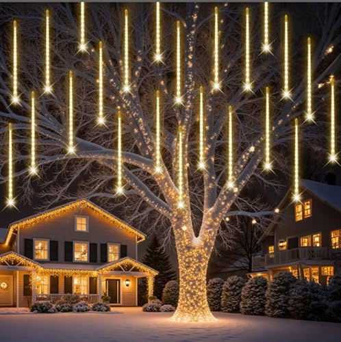 PEMOTech Weihnachtsbeleuchtung Außen,[Timerfunktion] 24 Röhren 30 CM 576 LEDs eiszapfen lichterkette außen,für Weihnachten Weihnachtsbaum, Weihnachtsdeko Aussen,WarmesWeiß