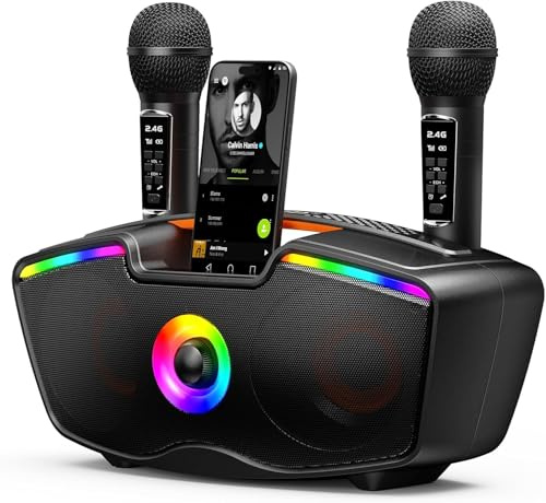 SORDA Bluetooth-Karaoke-Maschine für Erwachsene und Kinder, Tragbarer 80-W-Lautsprecher mit 2 Kabellosen Mikrofonen, Echo-Regler, Unterstützt USB/AUX/TF-Karte, Geschenkidee für Drinnen und Draußen