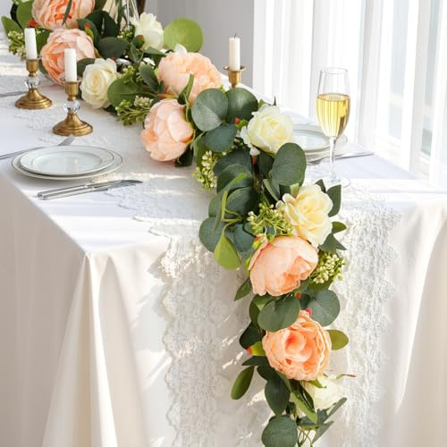 Lewondr Künstlicher Eukalyptus Girlande mit Blumen – 8 Rosen 8 Pfingstrosen, 2Stück 4M Kunst-Blumenranken Gestecke, Pflegefrei für Tisch Regal Hintergrund Party Raumdeko, Gemischt Champagner