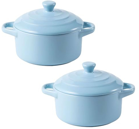 Mini-Keramik-Auflauftöpfe mit Deckel, ofenfeste kleine Suppentöpfe für Suppen, Eintöpfe und Beilagen, 2er-Set (blau)
