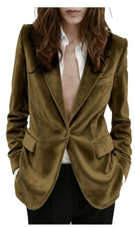 Damen Samtblazer, Anzugjacke, Einknopf, warmer Blazer für Winter, Herbst, Frühling, Arbeit, Büro, braun, XS