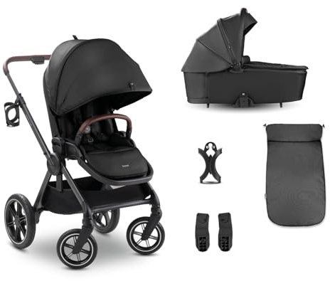 hauck 2in1 Babywagen & Buggy mit Gummireifen, Comfort N Care SET Black | Geburt bis 22 kg/4 Jahre, Babywanne mit Memory-Knöpfe, Wendesitz mit Beindecke & Liegefunktion, inklusive Babyschalenadapter