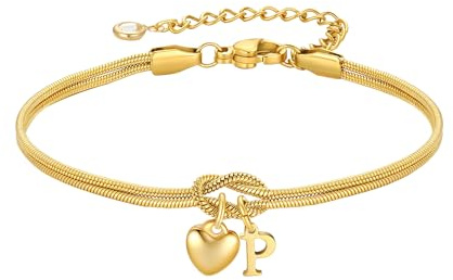 TINGN Armband Gold Damen Mädchen - 18K Gold Vergoldete Knoten Armband mit Buchstaben Personalisierte Herz Anhänger Armbänder Liebesknoten Armbänder Trauzeugin Geschenke für Frauen Freundin Mädchen