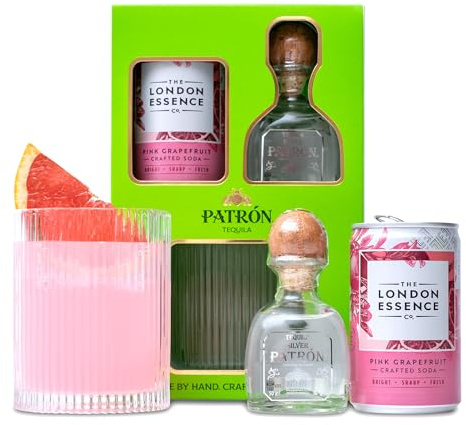 Patrón Tequila Blanco Gift Set - Premium Mini Alcohol Bottles Gift Set with 5cl Silver Liqueur, Pink Grapefruit Mixer & Tumbler Glass, Luxury Tequila Gifts for Women, Men, Christmas - Cocktail Gifts
