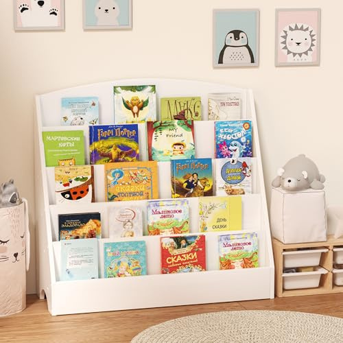 TQQDCI Kids Bookshelf, Children Book Storage Organizer, Kids Bookcase for Bedroom, Living Room, Playroom, Nursery, 5 Tier Sling Toddler Baby Wooden Book Display Shelves, White