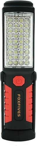 Powerful 36+5 LED 3000 Lumens Portable Torch Rechargeable Inspection Lamp Camping Light Hands-Free Garage Workshop Flashlight for Work with Adjusting Stand, Hanging Hook and Magnet Base (Red)