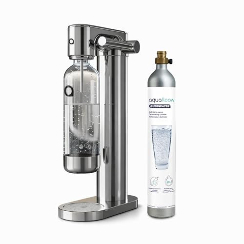 Aquafloow Macchina Soda per Acqua Frizzante in Acciaio Inox – Gasatore d’Acqua a Controllo Manuale con CO₂ Ricaricabile, Bombola fino a 60 Litri, Bottiglia in Plastica Senza BPA con Base Inox