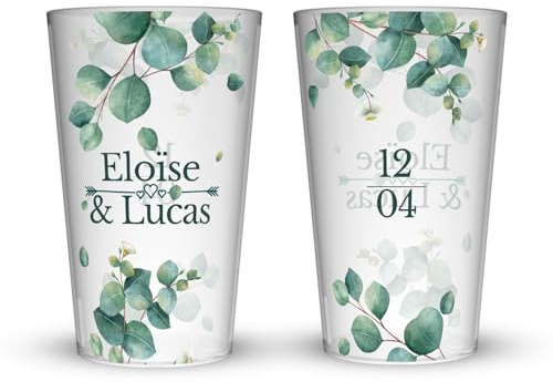 Wobz - Gobelet Personnalisé Mariage Branche Fleuri - Translucide - Impression Quadrichromie - Fabriqué En France - Prénoms Et Date Personnalisables - 25 cl - Pack de 10, 25, 50, 100, 250 ou 500